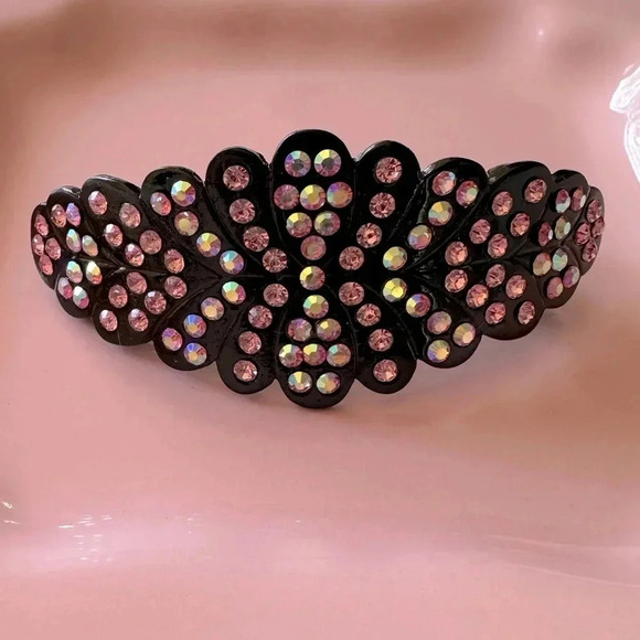Rose Pink and Pink Aurora Borealis Crystal set in Black Hematite Hair Barrette - Picture 3 of 7